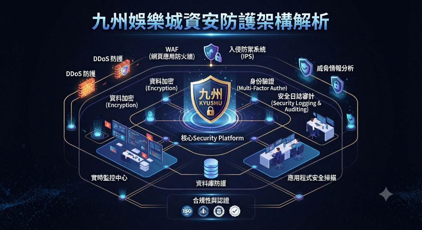 這是一張展示九州娛樂城資安防護架構的科技風格圖表。 圖片中央設有核心安全平台,周圍環繞著多層次的資安防護與監控機制。