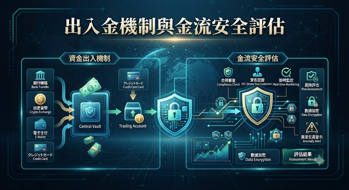 圖片展示了出入金機制與金流安全評估的科技化流程與安全防護圖解。 畫面頂部醒目標註「出入金機制與金流安全評估」作為核心主題。